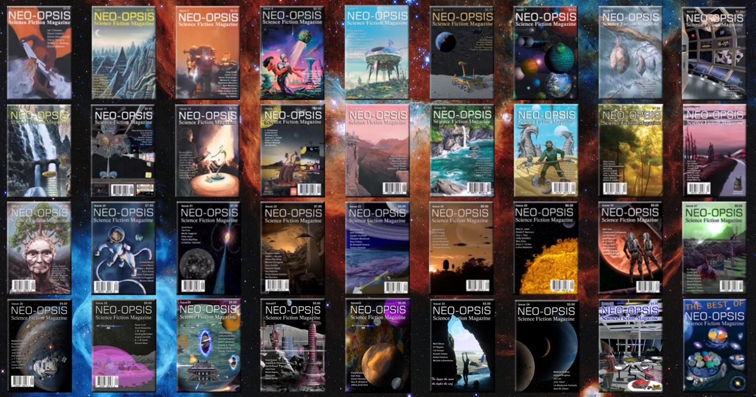 A group of magazines with images of robots and planetsDescription automatically generated